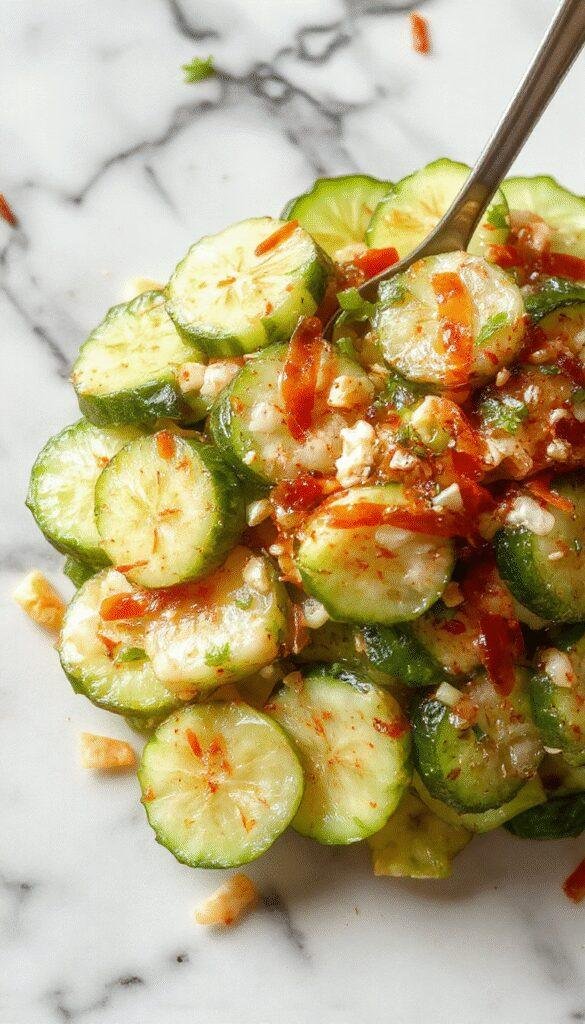 A vibrant bowl of Asian cucumber salad featuring thinly sliced crisp cucumbers garnished with chopped herbs and sesame seeds, with a colorful dressing drizzled over.