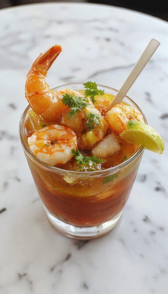 A vibrant glass bowl filled with colorful shrimp cocktail featuring plump pink shrimp, diced tomatoes, cucumbers, red onions, and fresh cilantro, all immersed in a tangy, red sauce. The dish is garnished with lime wedges and served with crispy tortilla chips, creating a visually appealing, flavorful appetizer with bright colors and fresh textures.