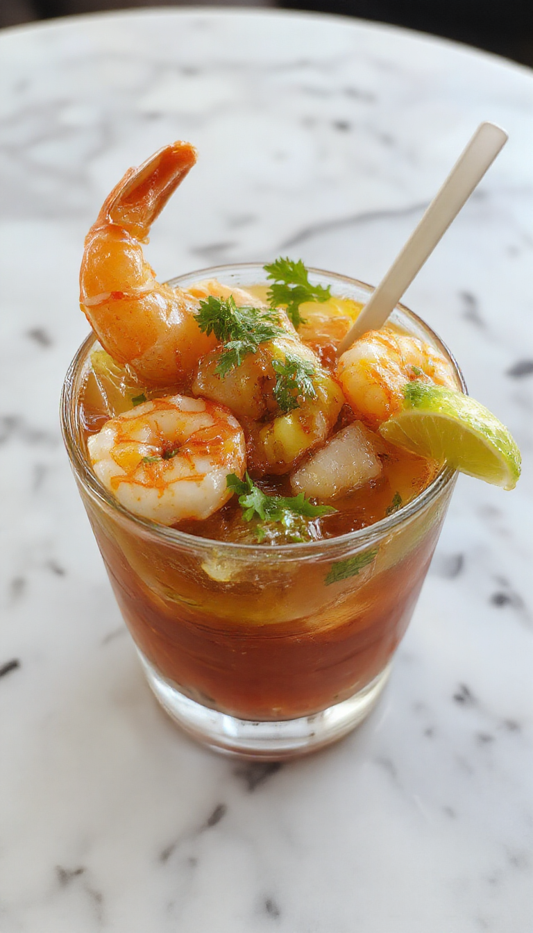 A vibrant glass bowl filled with colorful shrimp cocktail featuring plump pink shrimp, diced tomatoes, cucumbers, red onions, and fresh cilantro, all immersed in a tangy, red sauce. The dish is garnished with lime wedges and served with crispy tortilla chips, creating a visually appealing, flavorful appetizer with bright colors and fresh textures.