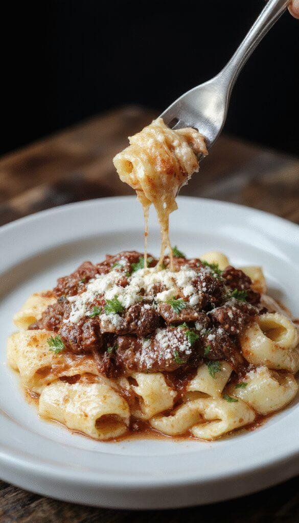 A plate of Romantic Rigatoni pasta topped with tender beef bites and a generous sprinkle of Parmesan cheese, garnished with fresh herbs.