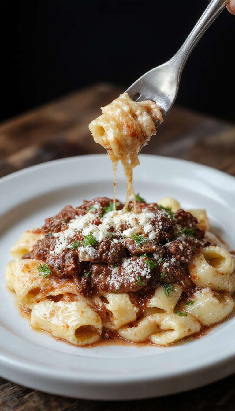 A plate of Romantic Rigatoni pasta topped with tender beef bites and a generous sprinkle of Parmesan cheese, garnished with fresh herbs.