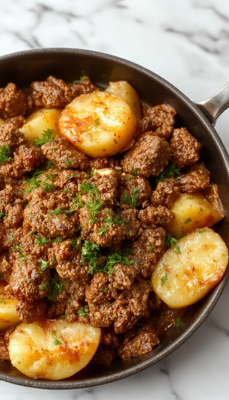 A steaming skillet filled with golden-brown ground turkey mixed with tender, sliced potatoes garnished with fresh herbs, presented on a rustic wooden table.