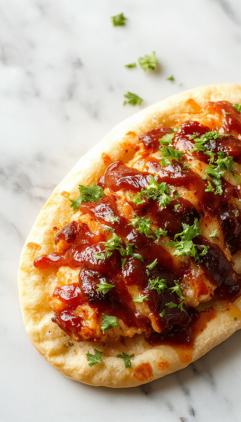 Colorful BBQ chicken flatbread with golden-brown crust topped with melted cheese, grilled chicken strips, vibrant red onions, fresh cilantro, and a drizzle of BBQ sauce, styled on a rustic wooden board with a side of green salad.