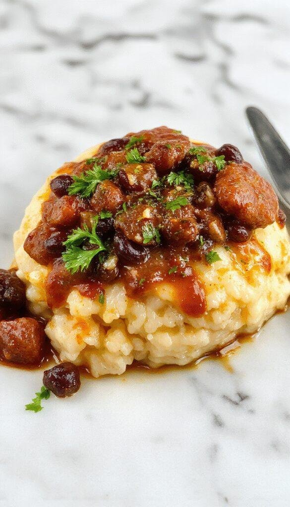 Colorful plate featuring fluffy white rice topped with seasoned black beans and slices of sizzling sausage, garnished with chopped herbs, vibrant, inviting, and well-styled.
