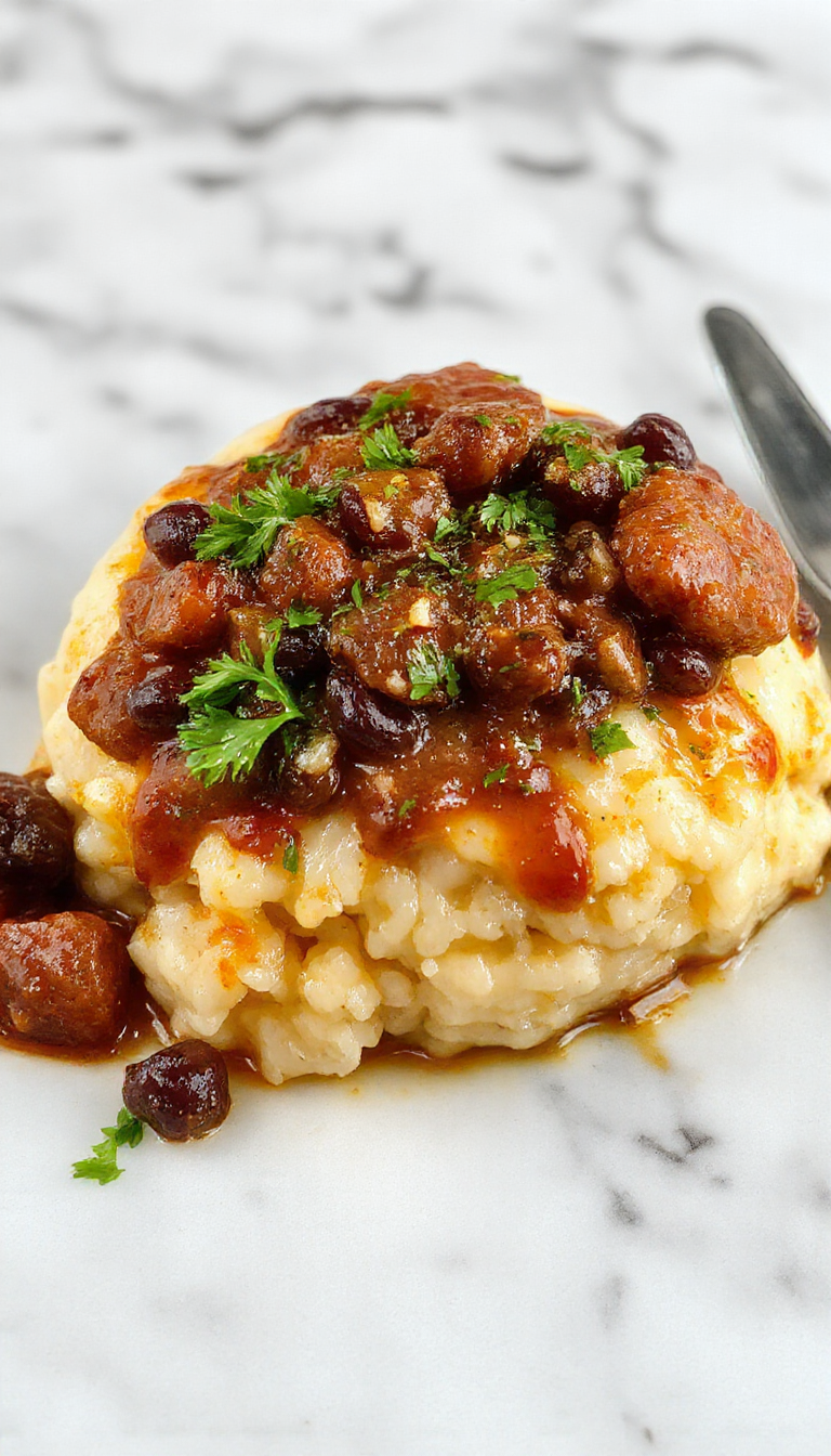 Colorful plate featuring fluffy white rice topped with seasoned black beans and slices of sizzling sausage, garnished with chopped herbs, vibrant, inviting, and well-styled.