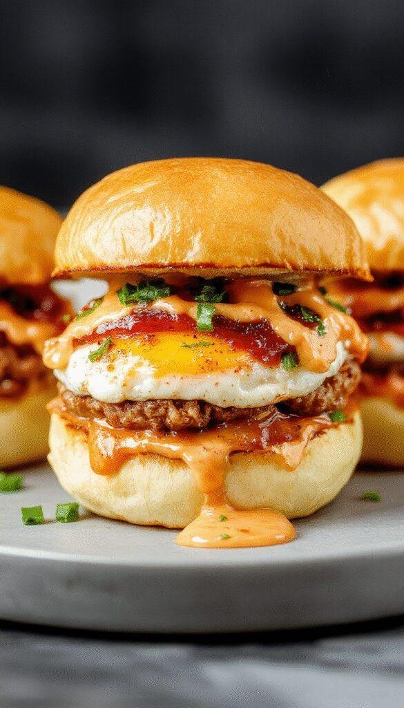 Savory breakfast sliders arranged on a wooden board, featuring fluffy bread rolls filled with eggs, cheese, and sausage, garnished with herbs.
