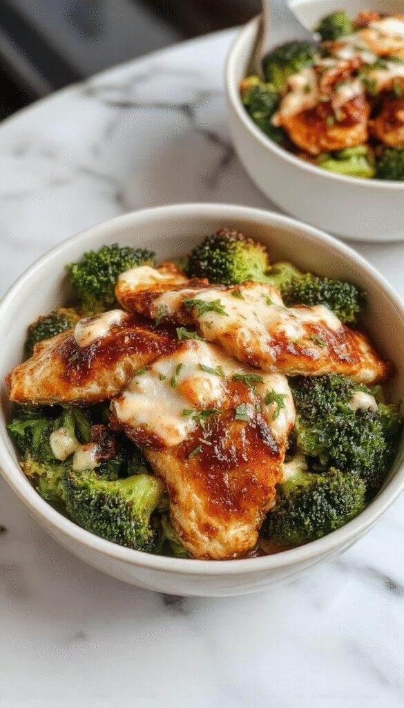 Colorful grilled chicken pieces and vibrant broccoli florets arranged in a bowl, topped with creamy garlic sauce, garnished with fresh herbs, showcasing a appetizing and healthy meal with textures of charred meat and crisp vegetables
