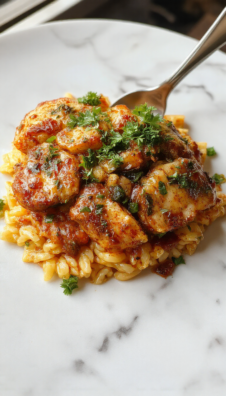 A close-up of a plated dish featuring tender chicken pieces coated in a rich, glossy Marsala wine sauce, sitting atop a bed of perfectly cooked orzo. The dish is garnished with fresh herbs and served on an elegant white plate with a backdrop of a rustic wooden table, highlighting the vibrant colors and textures of the meal.