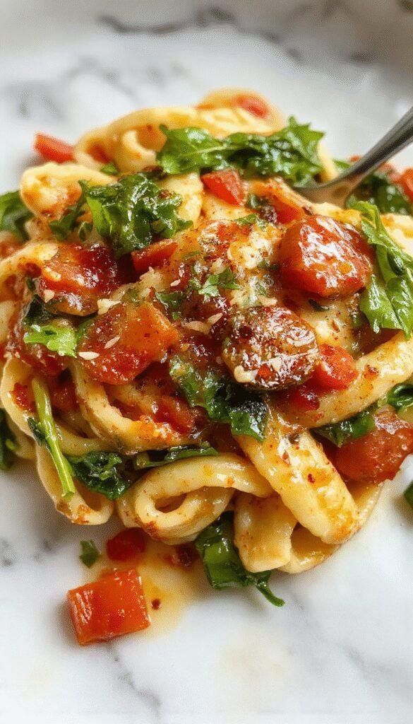 A vibrant plate of spinach tomato pasta topped with fresh basil and grated cheese, showcasing bright red tomatoes and deep green spinach, arranged artfully on a white ceramic plate with a rustic wooden background.