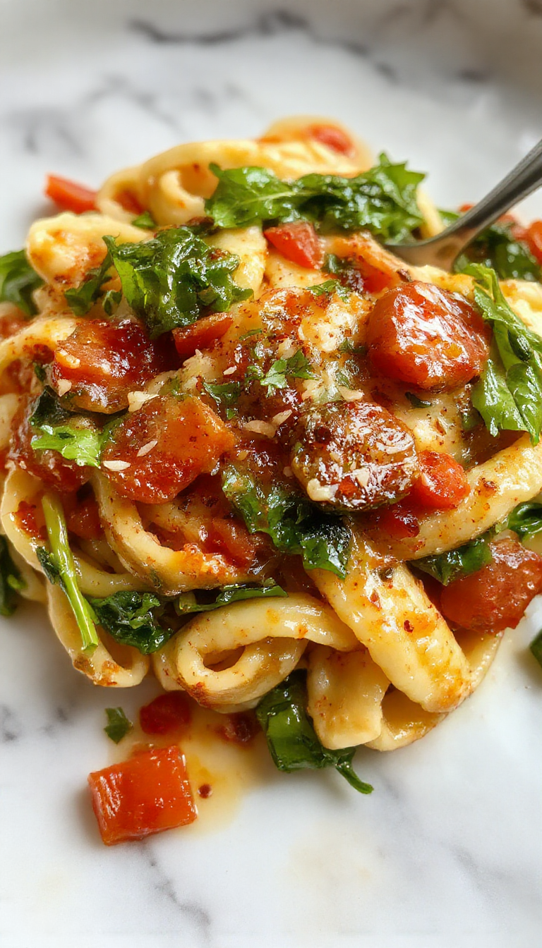 A vibrant plate of spinach tomato pasta topped with fresh basil and grated cheese, showcasing bright red tomatoes and deep green spinach, arranged artfully on a white ceramic plate with a rustic wooden background.