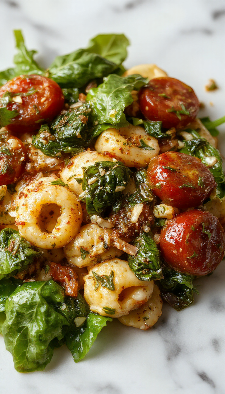 A vibrant plate of spinach and cherry tomato pasta featuring bright green spinach, juicy red cherry tomatoes, and golden pasta, garnished with fresh herbs on a rustic white plate with a drizzle of olive oil, set on a wooden table with natural lighting highlighting the textures and colors.