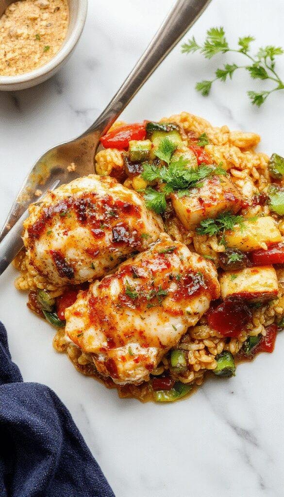 A vibrant skillet of balsamic chicken and orzo garnished with fresh herbs, colorful roasted vegetables around, served on a rustic wooden table, glossy balsamic glaze drizzled on top, inviting and beautifully plated.