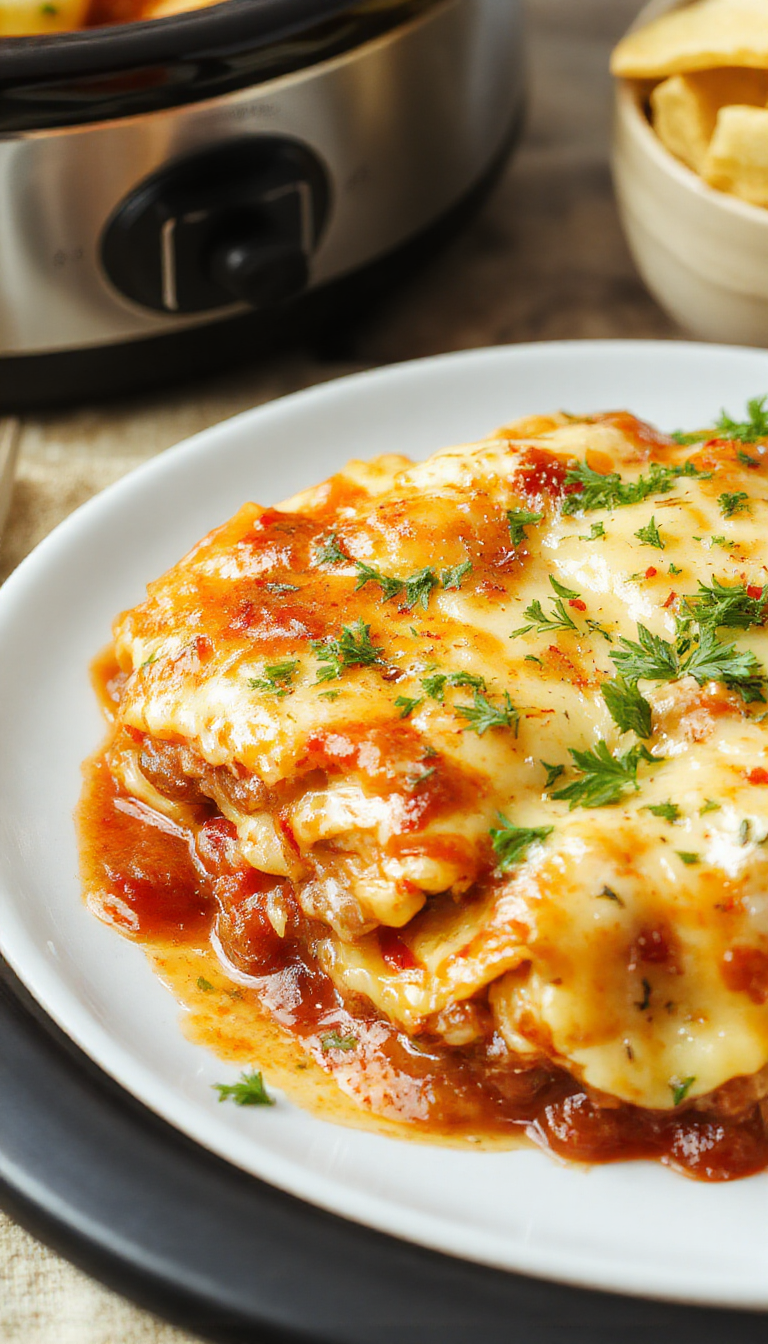 A comforting slow cooker cheesy ravioli lasagna topped with melted cheese and fresh basil garnishes, bubbling and golden brown.