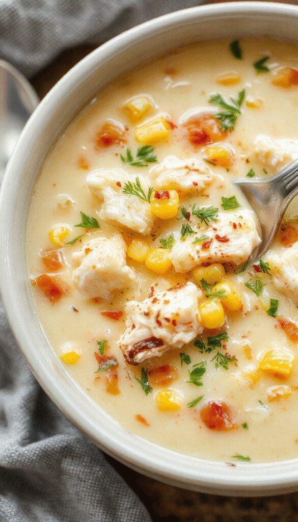 A steaming bowl of creamy chicken and corn chowder topped with fresh herbs and served with crusty bread on the side.