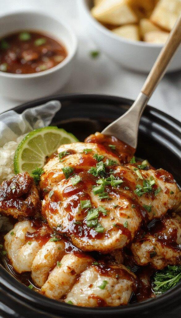 A delicious bowl of slow cooker teriyaki chicken garnished with sesame seeds and green onions, served alongside steamed rice and vegetables.