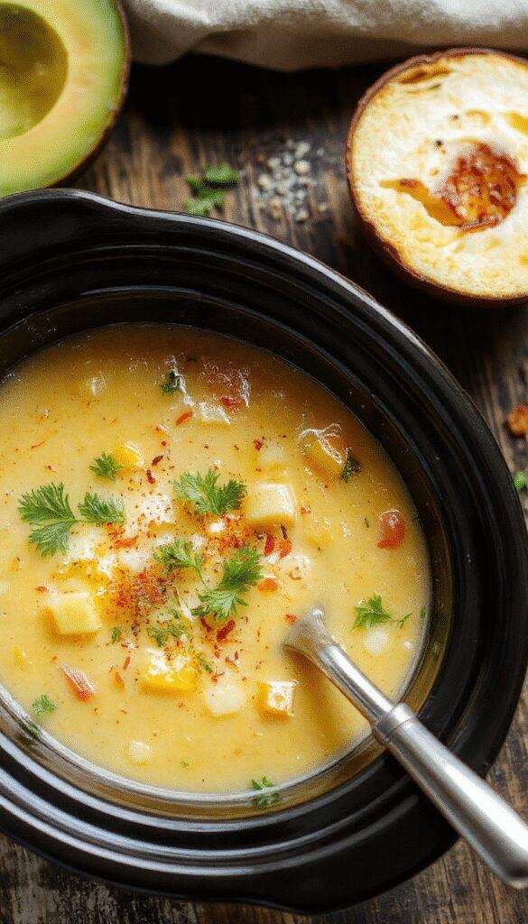 A bowl of creamy Slow Cooker Zesty Street Corn Soup garnished with fresh cilantro and a lime wedge, served alongside tortilla chips.