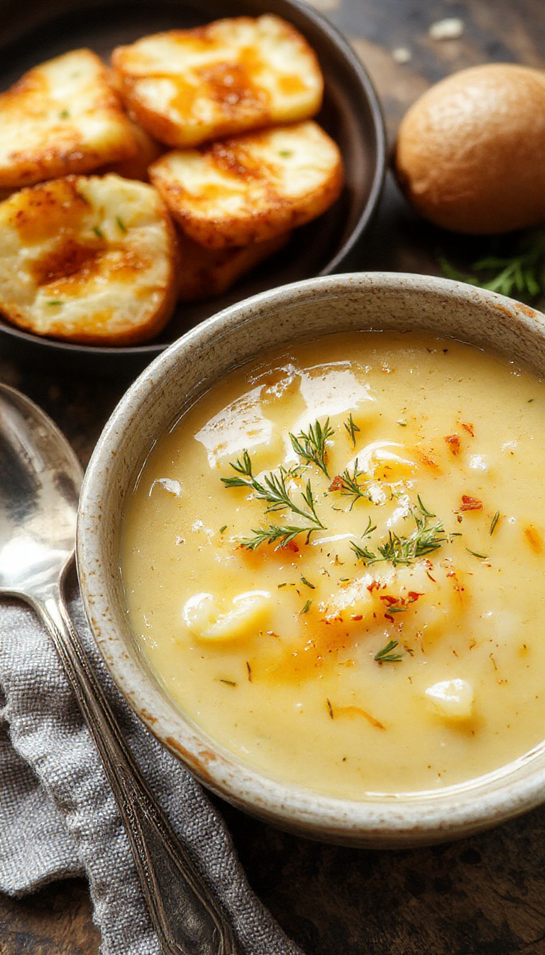 A steaming bowl of velvety potato and cheese soup served in a rustic bowl with fresh herbs on top, showcasing creamy texture and melted cheese.