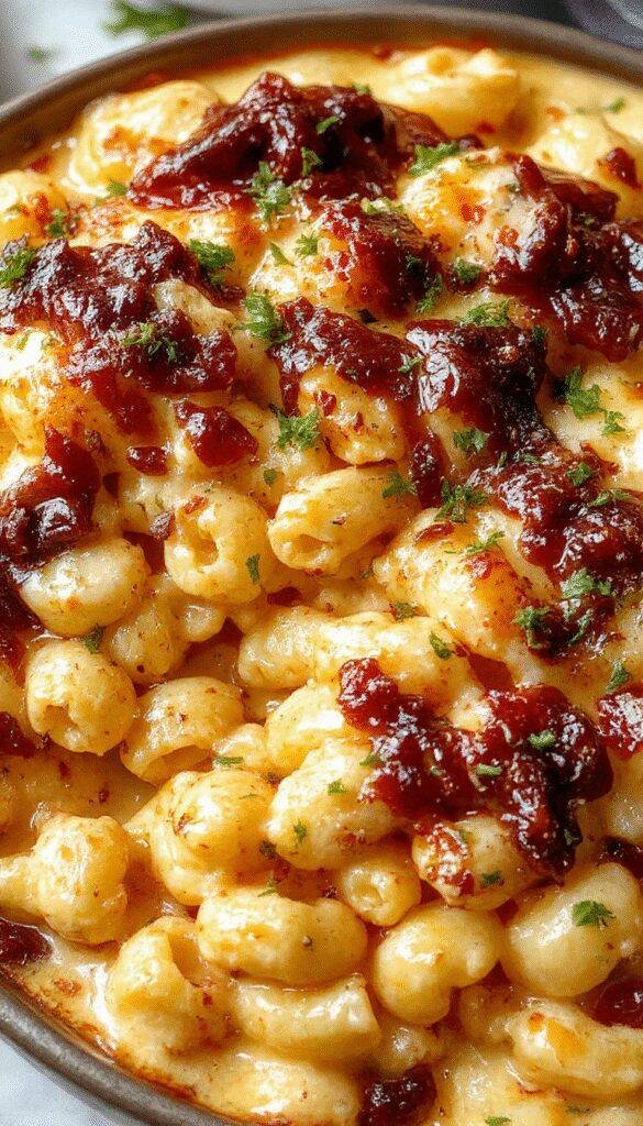 A creamy bowl of BBQ chicken mac and cheese topped with shredded cheese and chopped herbs, served with a side of cornbread