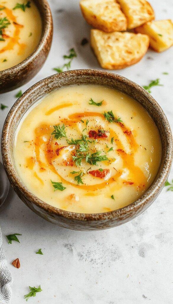 A warm bowl of Soulful Cheddar Garlic Herb Potato Soup garnished with fresh herbs and melted cheddar cheese, steaming and inviting.