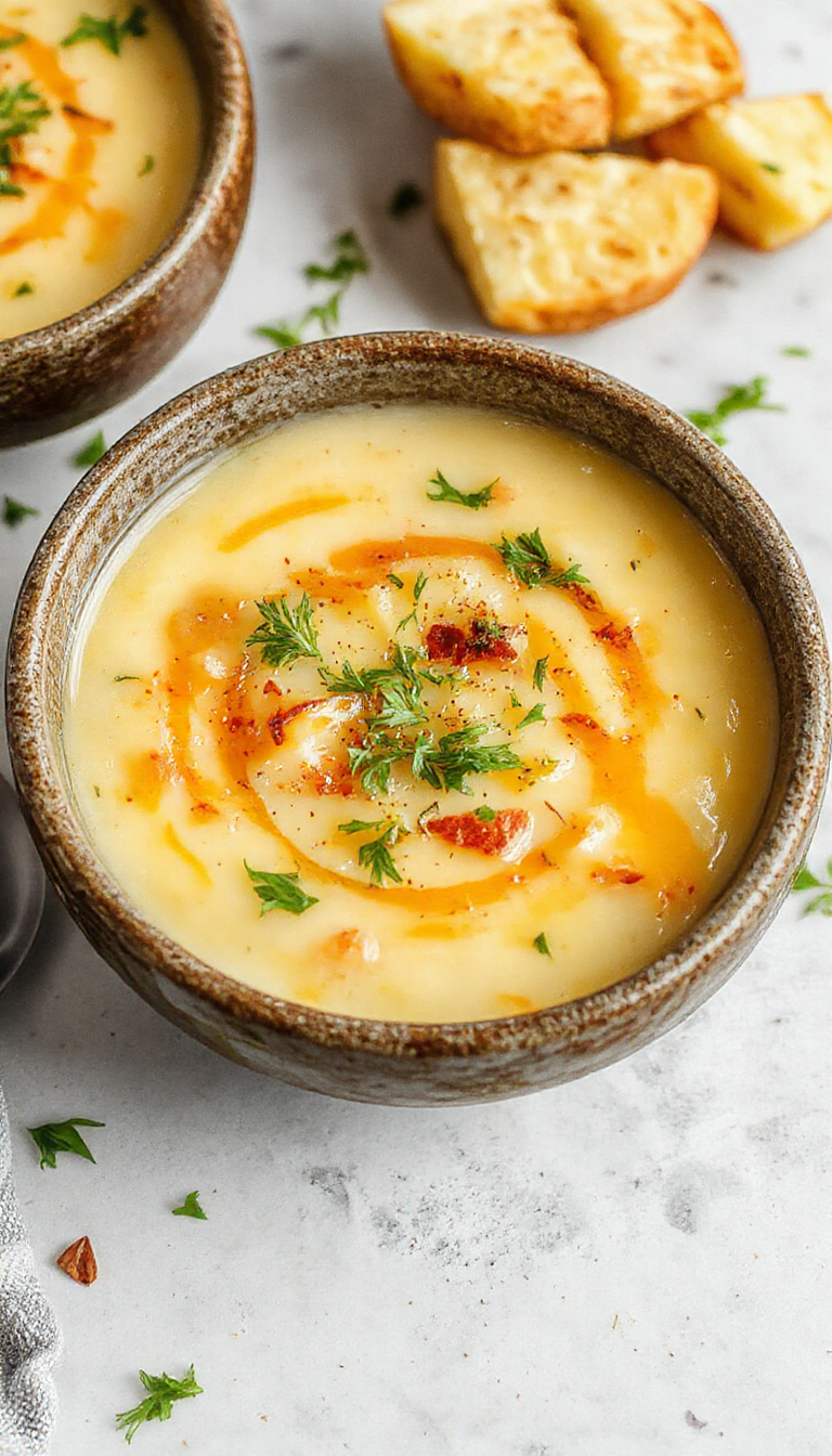 A warm bowl of Soulful Cheddar Garlic Herb Potato Soup garnished with fresh herbs and melted cheddar cheese, steaming and inviting.