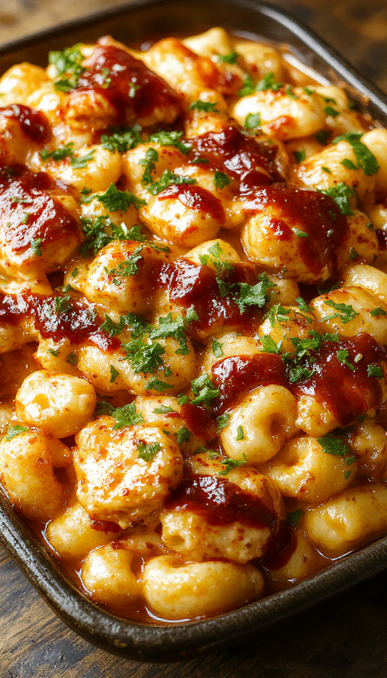 A tempting plate of Southern Comfort Redefined BBQ Chicken Mac & Cheese featuring creamy pasta topped with shredded BBQ chicken and tangy sauce