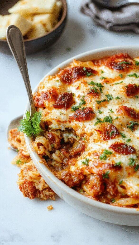 A delicious Southern Spaghetti Bake featuring layers of seasoned spaghetti, melted cheese, and fresh herbs in a rustic casserole dish.