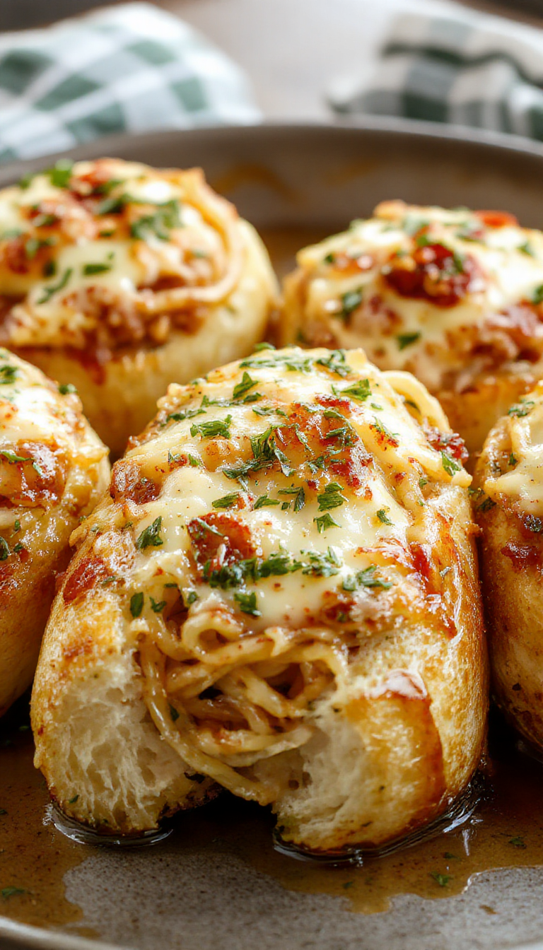 A close-up of garlic bread boats filled with spaghetti, topped with melted cheese and fresh herbs, on a rustic wooden table.