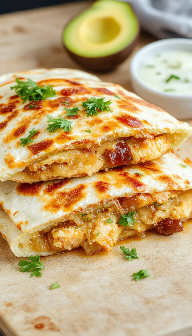 A plate of crispy chicken bacon ranch quesadillas sliced in half to reveal gooey melted cheese, chicken, bacon, and ranch filling inside, garnished with fresh herbs.