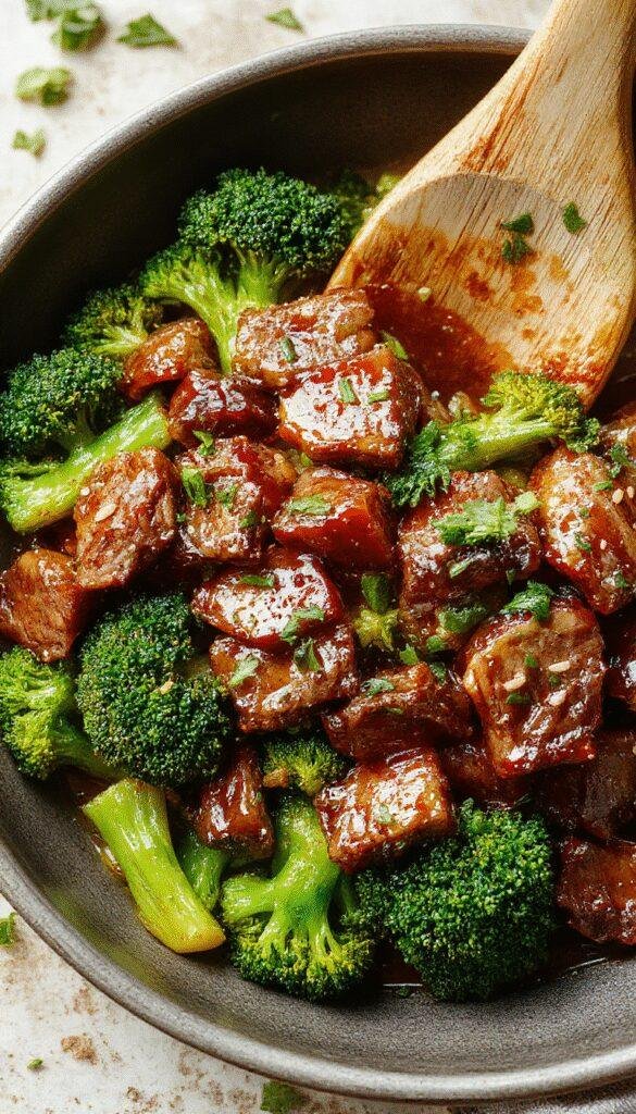 A sizzling skillet of honey garlic beef and broccoli garnished with sesame seeds, served hot on a plate with steamed rice in the background.