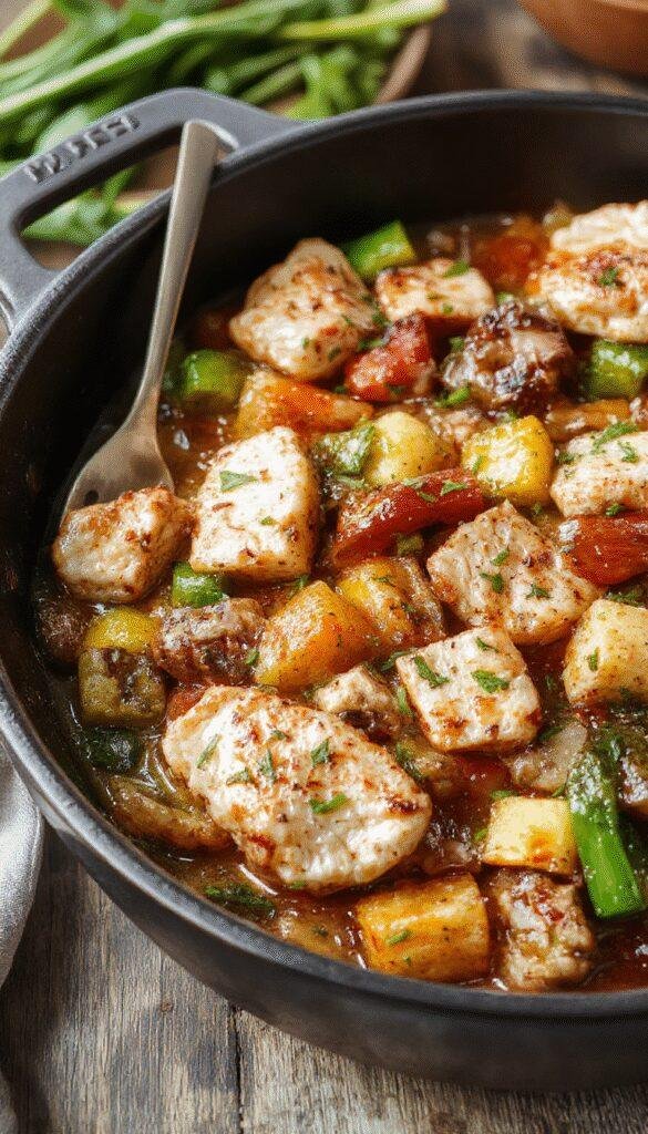 A vibrant skillet filled with golden browned turkey chunks, colorful bell peppers, and melted cheese, garnished with fresh herbs on a rustic plate.