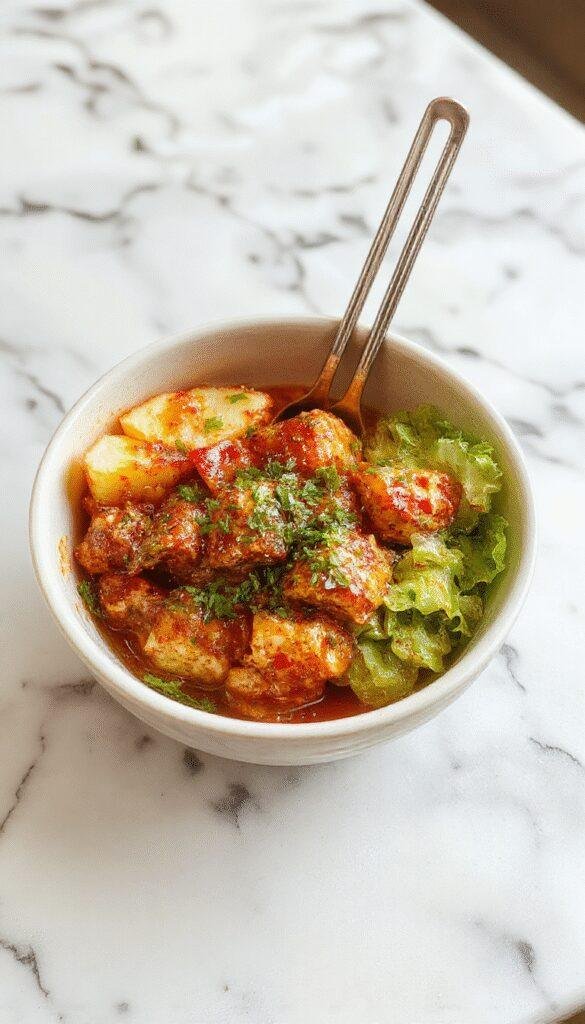 Colorful bowl featuring crispy boneless chicken pieces coated in a vibrant orange spicy sauce, topped with fresh green herbs and sesame seeds, served over white rice with sliced cucumbers and carrots, styled in a modern, rustic setting