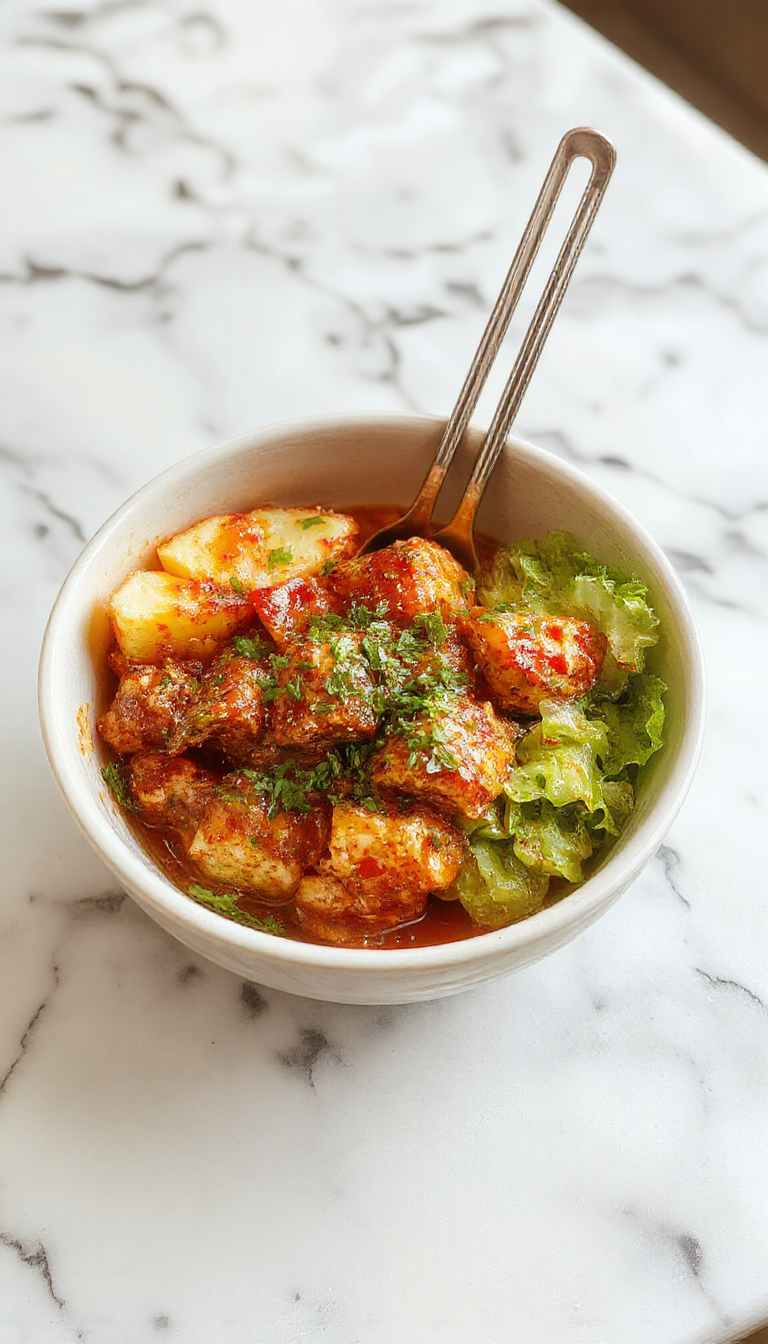 Colorful bowl featuring crispy boneless chicken pieces coated in a vibrant orange spicy sauce, topped with fresh green herbs and sesame seeds, served over white rice with sliced cucumbers and carrots, styled in a modern, rustic setting
