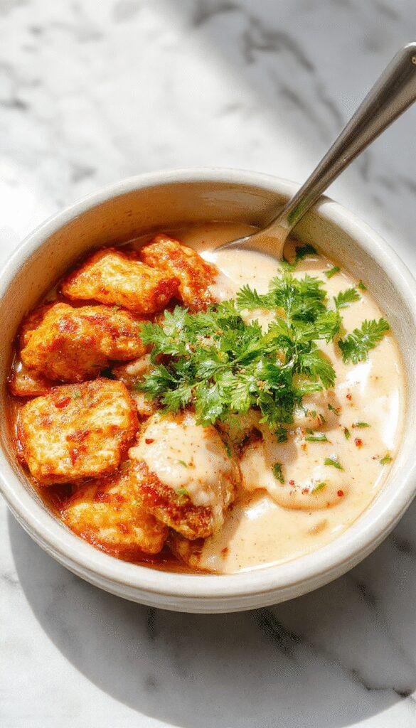 Vibrant and colorful bang bang chicken bowl featuring crispy fried chicken pieces coated in a spicy sauce, garnished with green scallions and sesame seeds. The bowl is filled with fluffy white rice, topped with a drizzle of creamy sauce, and accented with fresh herbs and crunchy vegetables, styled in a modern white dish with a rustic wooden background.