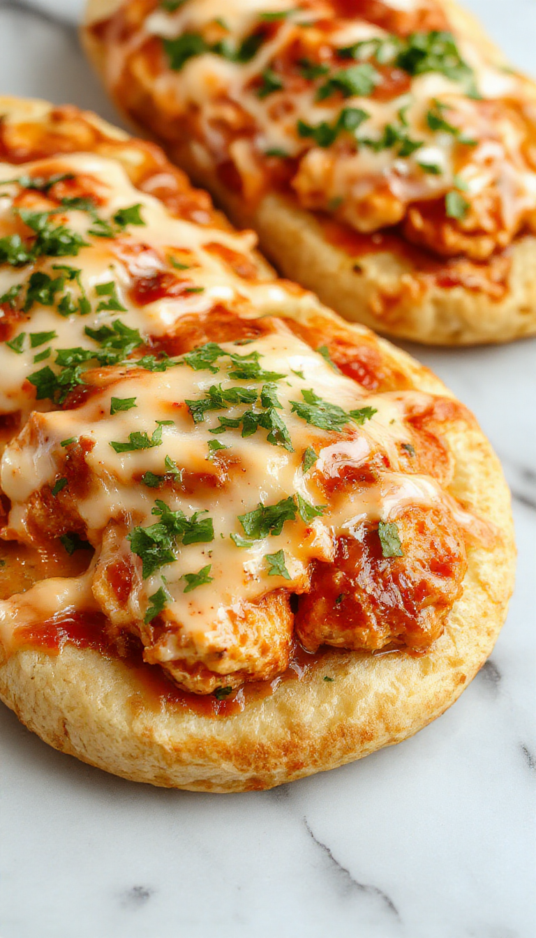 A vibrant flatbread topped with shredded buffalo chicken, melted cheese, chopped green onions, and drizzled with buffalo sauce, styled on a rustic wooden board with colorful ingredients around.