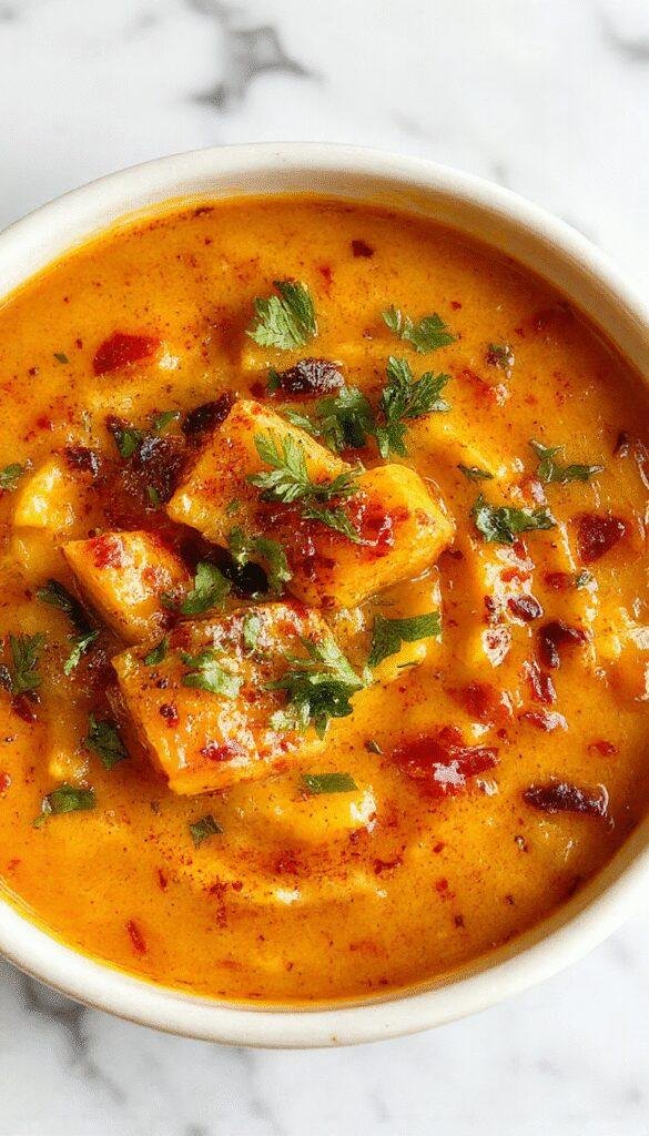 A vibrant bowl of spicy butternut squash and sweet potato soup garnished with fresh herbs, with a smooth, velvety texture and warm orange and yellow hues, presented on a rustic wooden table with a swirl of cream on top and a side of crusty bread.