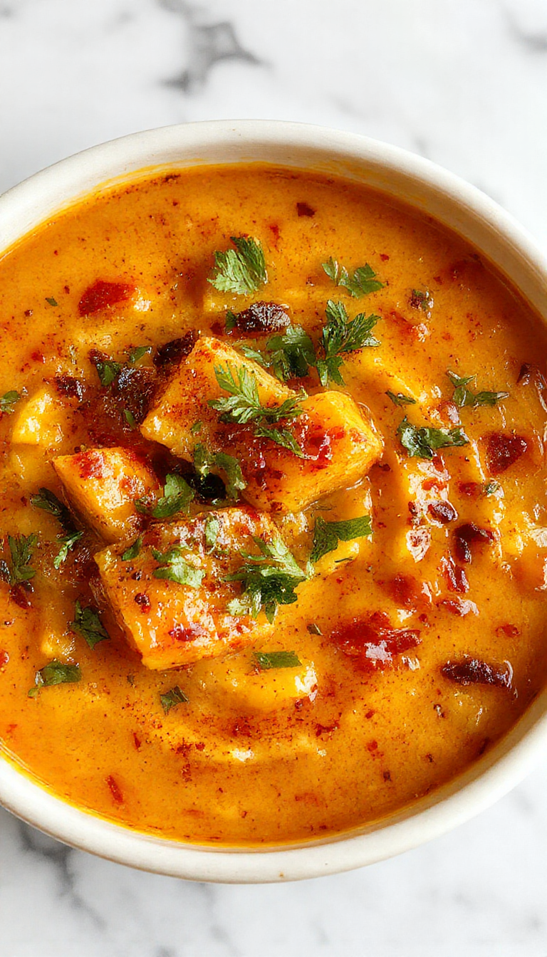 A vibrant bowl of spicy butternut squash and sweet potato soup garnished with fresh herbs, with a smooth, velvety texture and warm orange and yellow hues, presented on a rustic wooden table with a swirl of cream on top and a side of crusty bread.
