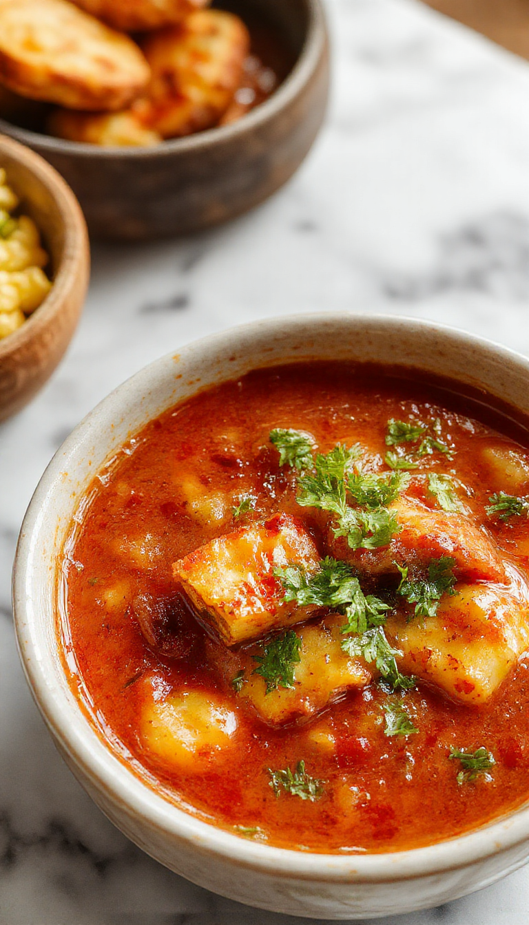 A vibrant bowl of Chile Relleno Soup featuring a rich, deep red broth garnished with fresh cilantro, melted cheese, and slices of roasted chiles. The soup is served in a rustic white bowl on a wooden table, with visible textures of the creamy broth and tender chiles, accented by crumbled cheese and a sprinkle of chopped herbs.