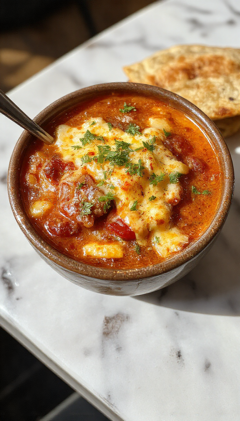 A vibrant bowl of Chile Relleno Soup featuring a rich orange-red broth topped with melted cheese, diced green chilies, and fresh cilantro, served in a rustic white bowl on a wooden table with a drizzle of sour cream and side of warm tortillas