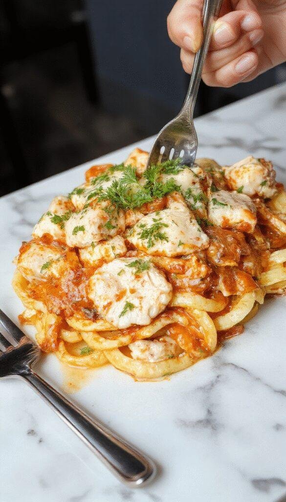 A vibrant plate of creamy Cajun chicken pasta featuring perfectly seared chicken slices atop a bed of fettuccine coated in a rich, spicy Cajun sauce. Garnished with fresh chopped parsley and sliced red bell peppers, the dish showcases bold red, yellow, and green colors with a glossy, textured sauce that highlights the flavors and spices. The presentation is elegant, with the pasta neatly twirled and the chicken slices evenly distributed for a visually appealing, hearty meal.