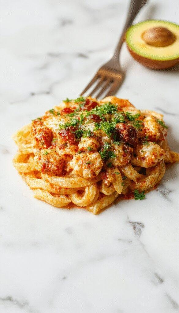 A close-up shot of a vibrant plate showcasing creamy cajun chicken pasta. The dish features thick pasta coated in a rich, spicy cajun sauce, topped with slices of tender, seasoned grilled chicken, garnished with fresh chopped parsley and sliced red bell peppers. The pasta is beautifully arranged on a white ceramic plate with a rustic backdrop, highlighting the glossy sauce and colorful ingredients.