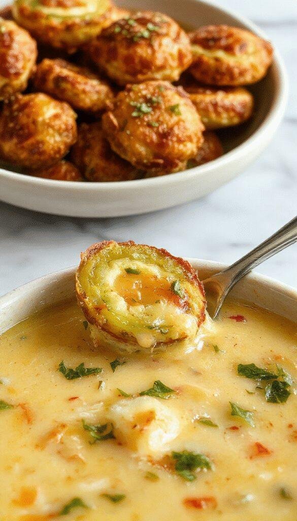 A vibrant bowl of jalapeno popper soup featuring creamy, cheesy base topped with sliced jalapenos and crispy bacon bits, presented on a rustic wooden table with fresh herbs and crispy bread on the side.