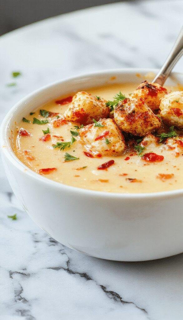 A vibrant bowl of jalapeno popper soup garnished with shredded cheese, chopped jalapenos, and crispy bacon pieces on top, served in a rustic white bowl with a spoon, against a wooden table background.