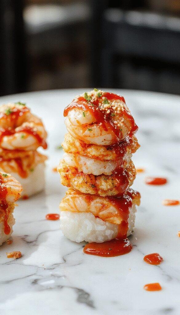 Vivid image of layered shrimp sushi stacks on a sleek white plate, topped with bright orange spicy mayonnaise drizzle and green microgreens, against a rustic wooden table background, showcasing the colorful ingredients and intricate presentation with a glossy, fresh appearance.
