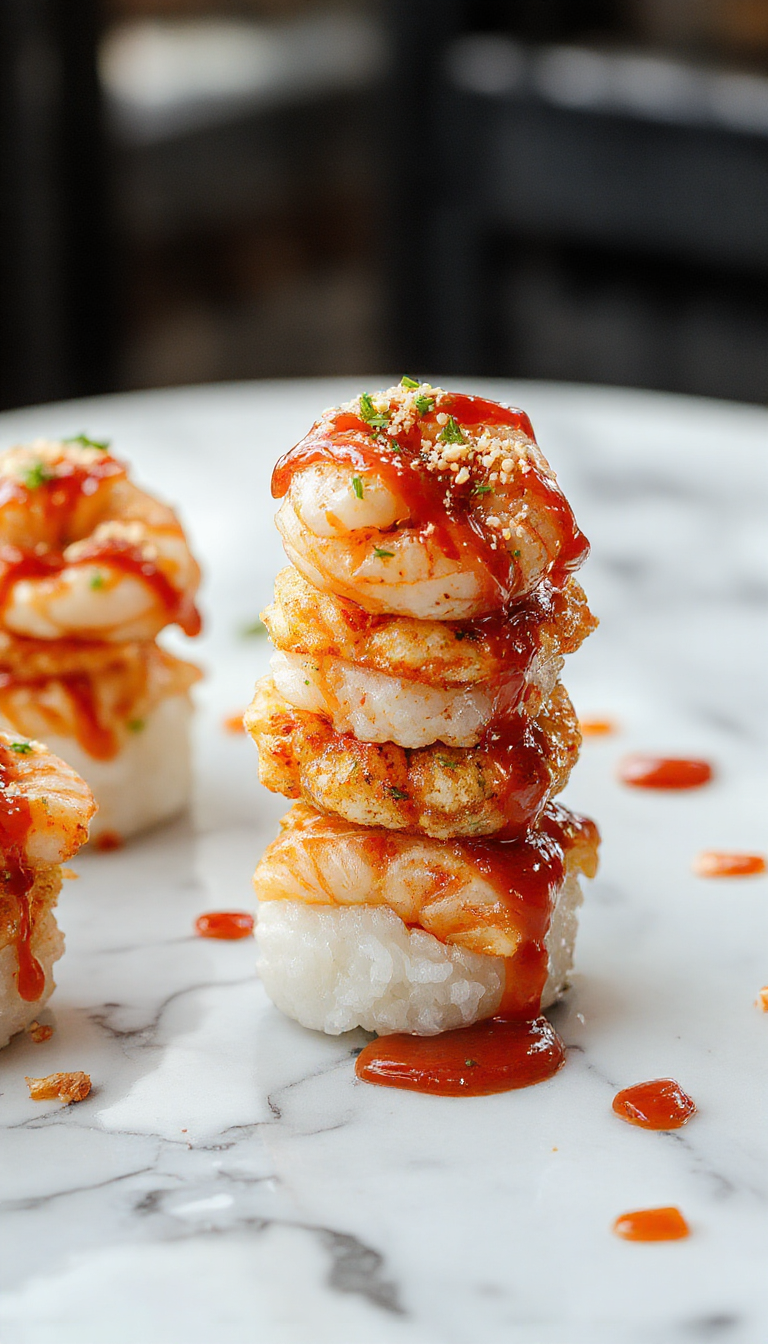 Vivid image of layered shrimp sushi stacks on a sleek white plate, topped with bright orange spicy mayonnaise drizzle and green microgreens, against a rustic wooden table background, showcasing the colorful ingredients and intricate presentation with a glossy, fresh appearance.