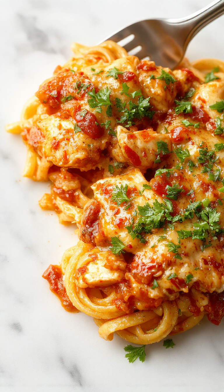 A vibrant casserole dish featuring a golden bubbly cheese crust, spiral pasta mixed with shredded spicy chicken, garnished with chopped herbs and slices of red chili for color, presented on a rustic wooden table with a spoon on the side.