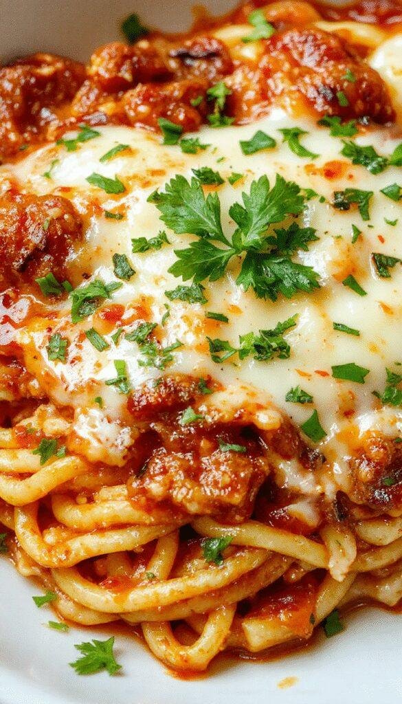 A steaming hot casserole of Spicy Southern Spaghetti Bake garnished with fresh herbs, showcasing a cheesy, flavorful crust topped with jalapeños and tomatoes.