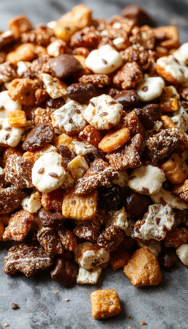 A spooky-themed Halloween Munch Mix with colorful candies, popcorn, pretzels, and chocolate, decorated with tiny ghost and pumpkin toppers.