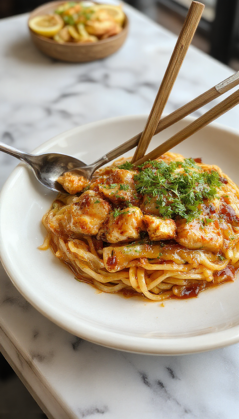 Colorful dish featuring golden-brown garlic chicken pieces atop a bed of glossy, saucy stir-fried noodles garnished with chopped green onions, set on a rustic wooden table with sesame seeds scattered around, highlighting the sticky glaze and crispy chicken texture.