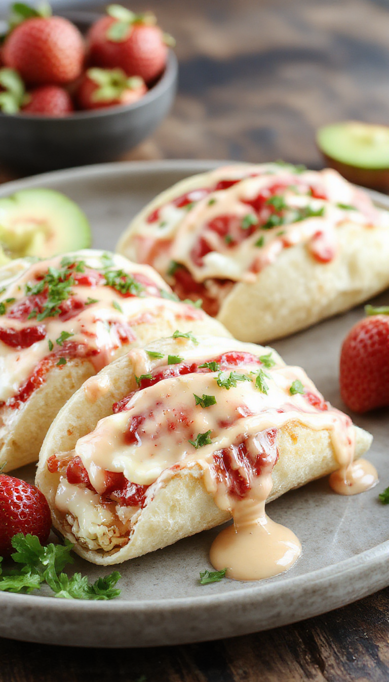 Close-up of Strawberry Cheesecake Taco Delights topped with fresh strawberries and creamy cheesecake filling, displayed on a decorative plate.