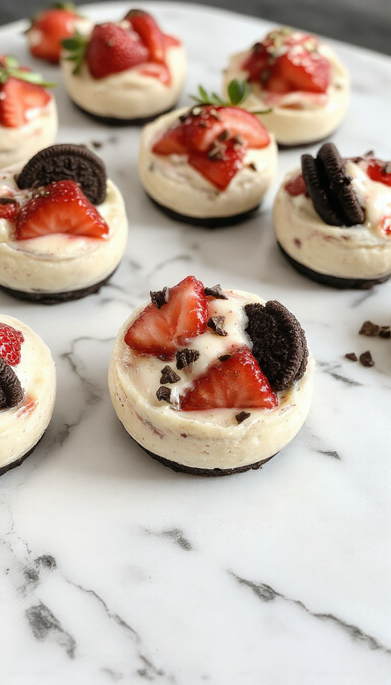 A close-up of a clear glass cup filled with layered strawberry and Oreo cheesecake, topped with fresh sliced strawberries and crumbled Oreo cookies, set on a white plate with a light pastel background, showcasing the creamy texture and vibrant red of the strawberries.